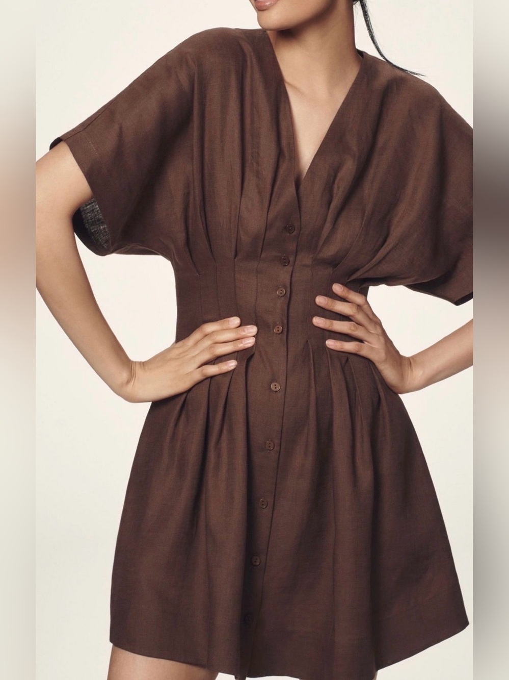 Anthropologie x Exquise Tobie Linen Pleated Mini Shirt Dress